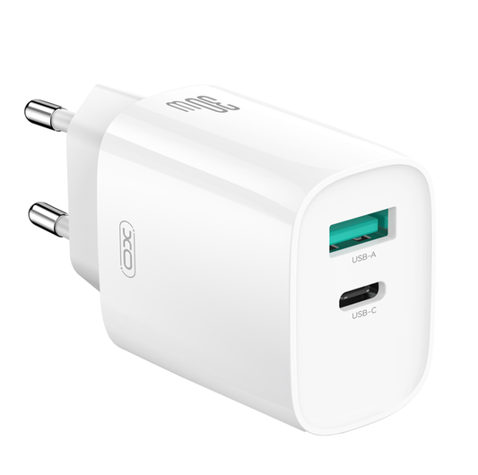 Sieťová nabíjačka s káblom Lightning XO Design CE30, 30W, 3A, 1 x USB-A - 1 x USB-C, Biela