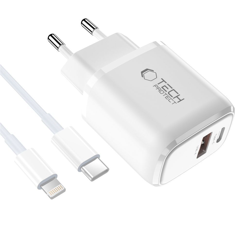 Sieťová nabíjačka s káblom Lightning Tech-Protect NCA20, 20W, 3A, 1 x USB-A - 1 x USB-C, biela