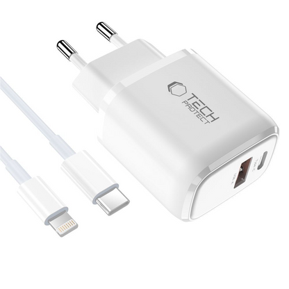 Sieťová nabíjačka s káblom Lightning Tech-Protect NCA20, 20W, 3A, 1 x USB-A - 1 x USB-C, biela