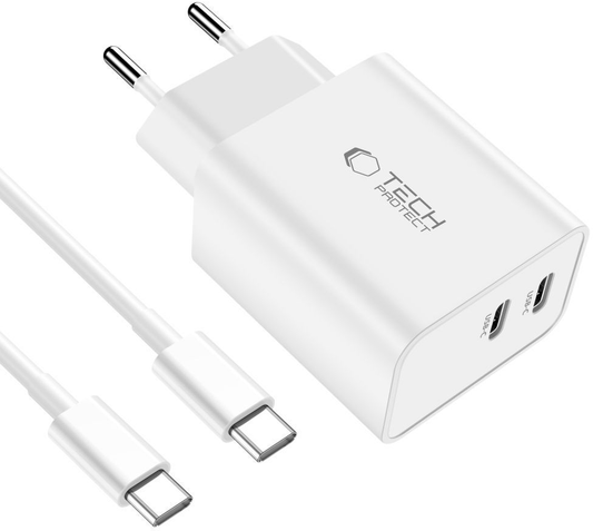 Sieťová nabíjačka s USB-C káblom Tech-Protect C35W, 35W, 3A, 2 x USB-C, biela