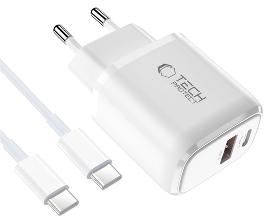Sieťová nabíjačka s USB-C káblom Tech-Protect NCA20, 20W, 3A, 1 x USB-A - 1 x USB-C, biela