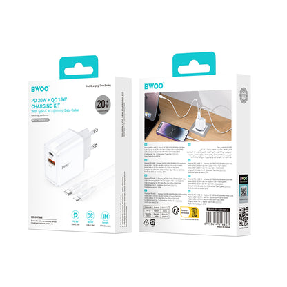 Sieťová nabíjačka s káblom Lightning BWOO CDA182, 38W, 3A, 1 x USB-A - 1 x USB-C, biela