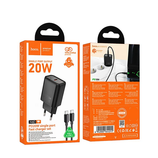 Sieťová nabíjačka s káblom Lightning HOCO N60, 20W, 3A, 1 x USB-C, Čierna