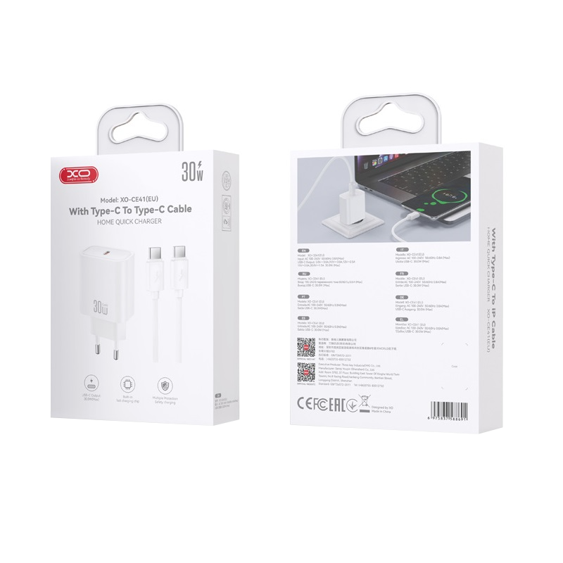 Sieťová nabíjačka s káblom USB-C XO Design CE41, 30W, 3A, 1 x USB-C, biela