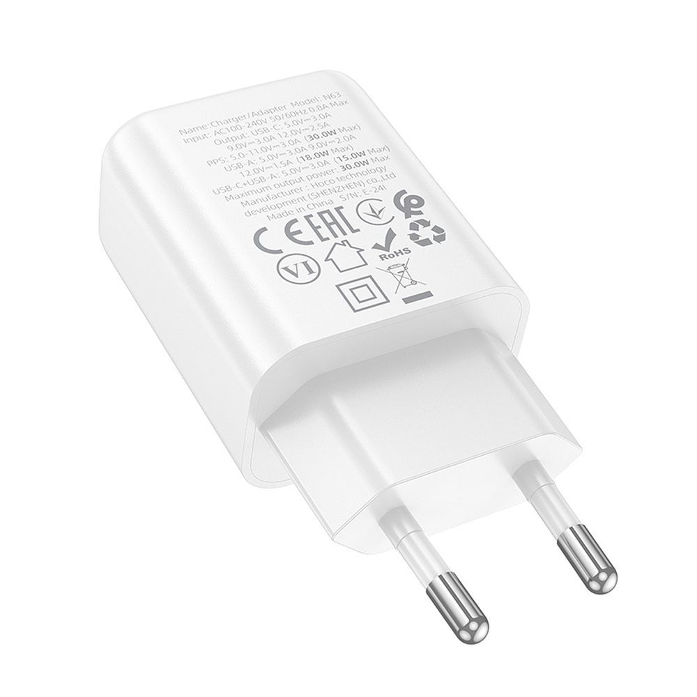 Sieťová nabíjačka HOCO N63, 30W, 3A, 1 x USB-A - 1 x USB-C, Biela
