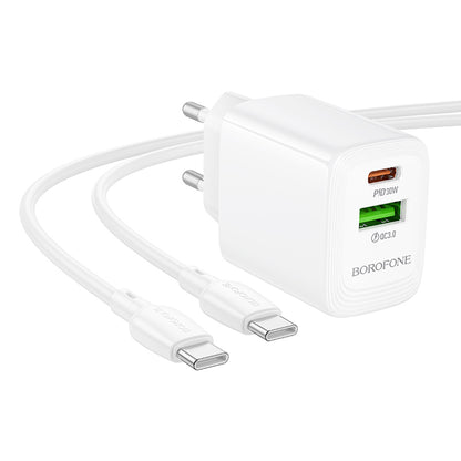 Sieťová nabíjačka s káblom USB-C Borofone BN29 Fuente, 30W, 3A, 1 x USB-A - 1 x USB-C, Biela
