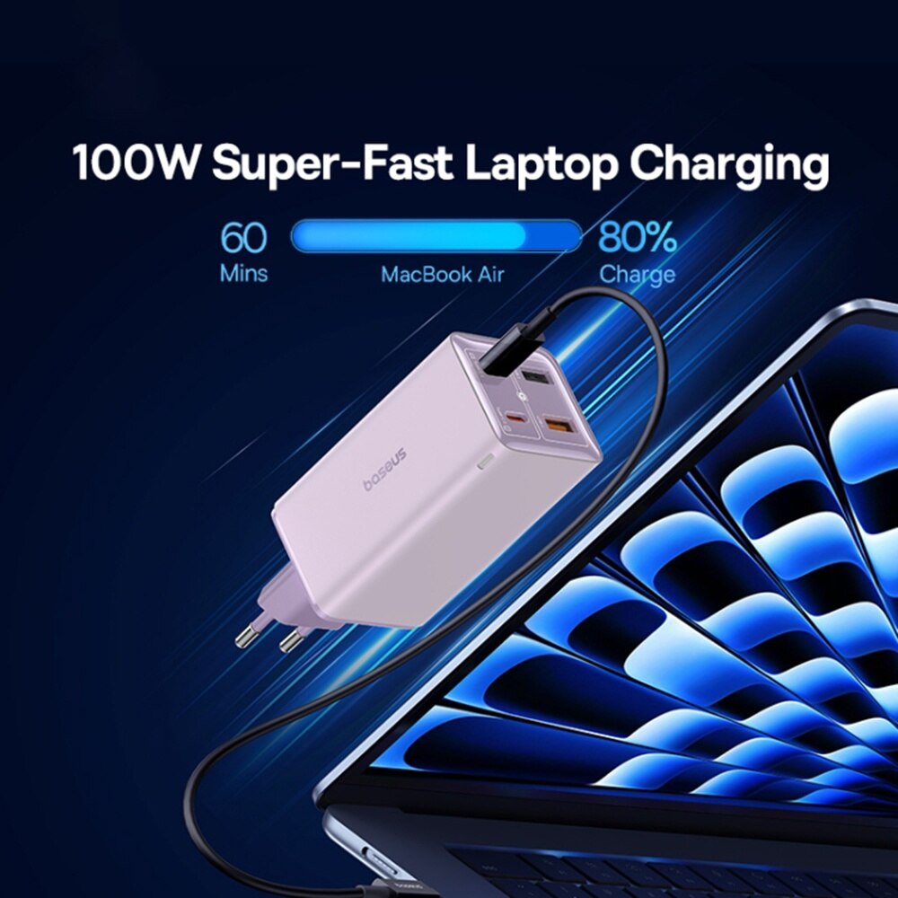 Sieťová nabíjačka s káblom USB-C Baseus GaN6 Pro, 100W, 3.25A, 2 x USB-A - 2 x USB-C, Fialová P10162705532-00