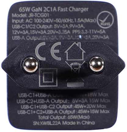 Sieťová nabíjačka s káblom USB-C Joyroom TCG01, 65W, 3.25A, 1 x USB-A - 2 x USB-C, Čierna
