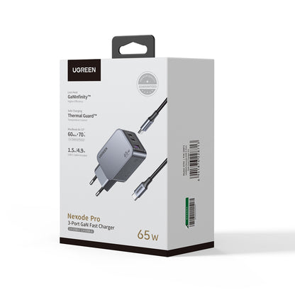 Sieťová nabíjačka s káblom USB-C UGREEN X755 Nexode Pro, 65W, 3A, 1 x USB-A - 2 x USB-C, Sivá