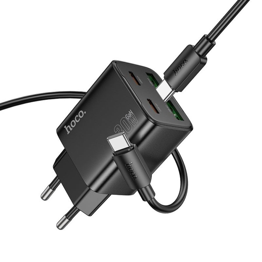 Network Charger with USB-C Cable HOCO N56, 30W, 3A, 2 x USB-A - 2 x USB-C, Black