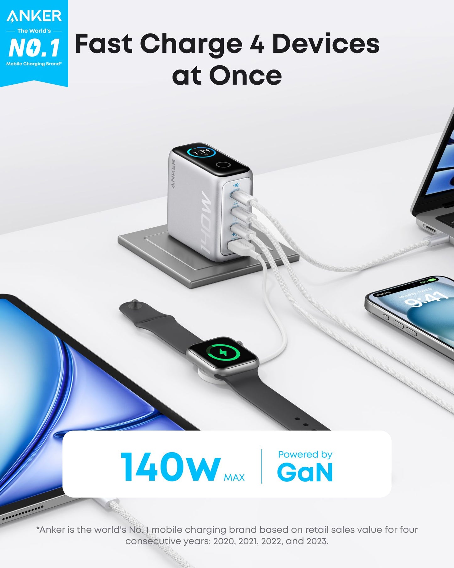 Sieťová nabíjačka s káblom USB-C Anker Zolo, 140W, 5A, 1 x USB-A - 3 x USB-C, Strieborná B2697G41