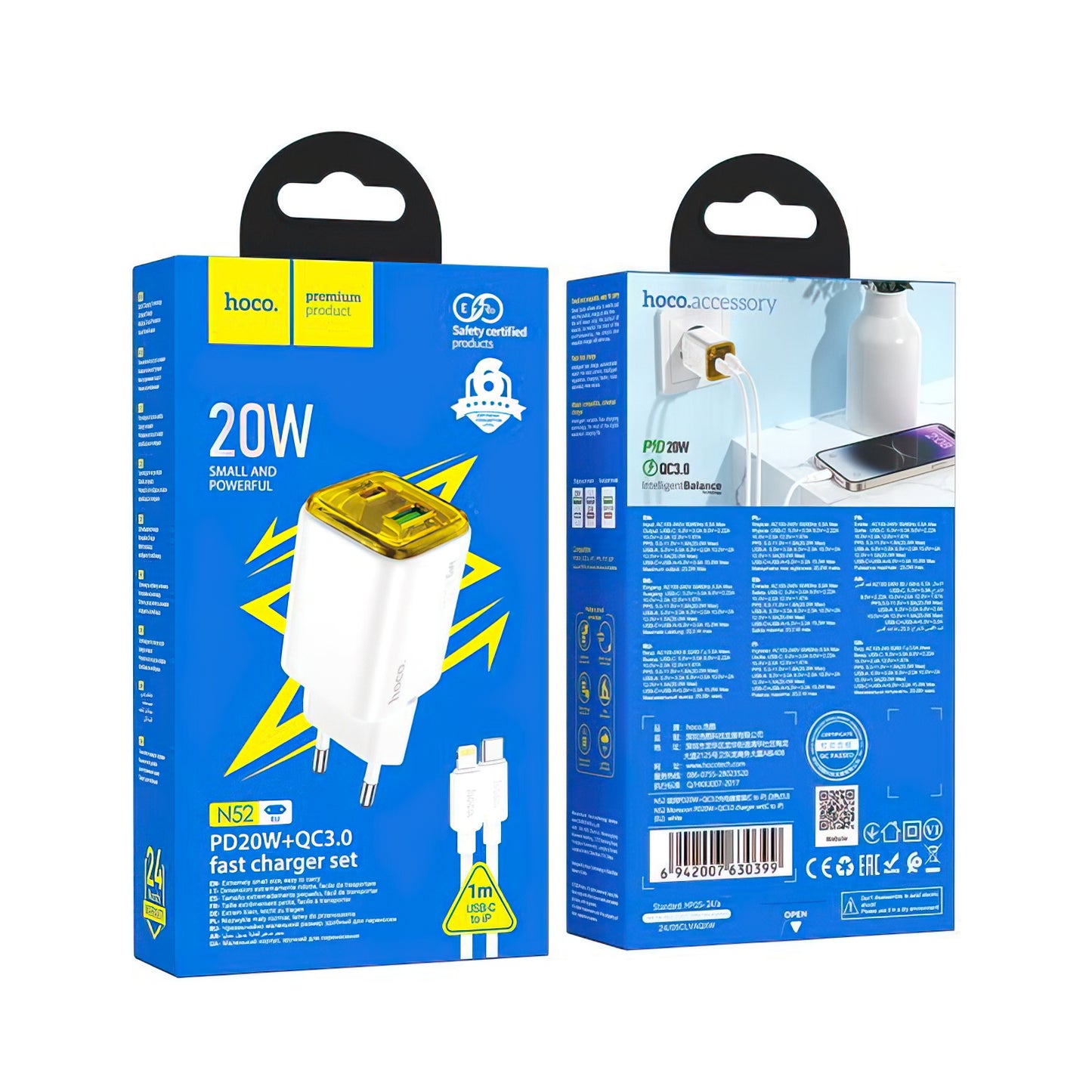 Sieťová nabíjačka s káblom Lightning HOCO N52, 20W, 3A, 1 x USB-A - 1 x USB-C, Biela