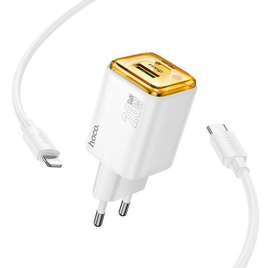 Sieťová nabíjačka s káblom USB-C HOCO N52, 20W, 3A, 1 x USB-A - 1 x USB-C, Biela