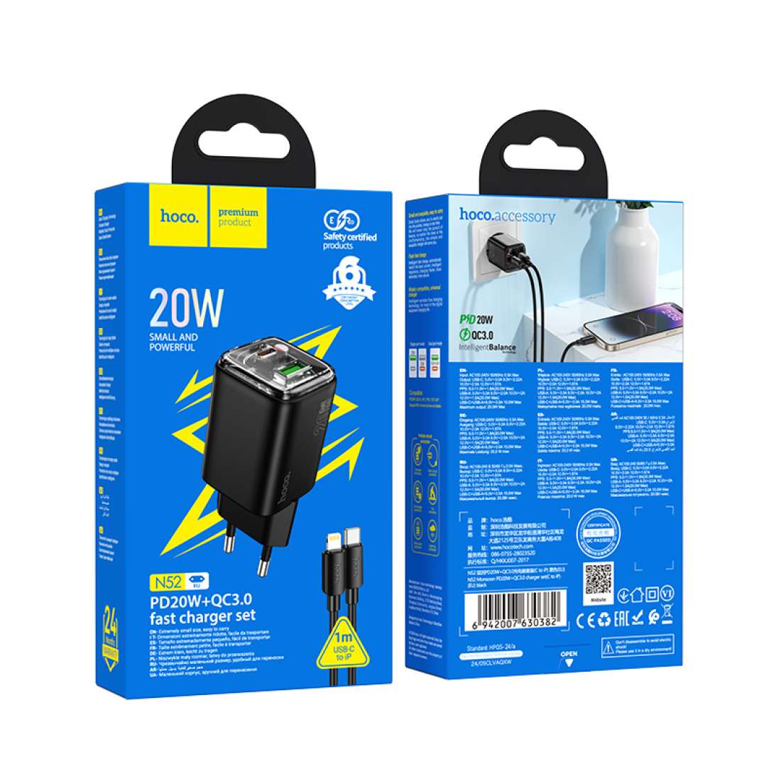 Sieťová nabíjačka s káblom Lightning HOCO N52, 20W, 3A, 1 x USB-A - 1 x USB-C, Čierna