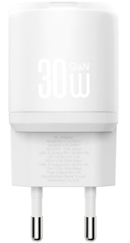 Sieťová nabíjačka s káblom USB-C XO Design L151, 30W, 3A, 1 x USB-A - 1 x USB-C, Biela