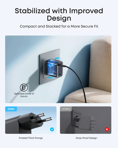 Sieťová nabíjačka s káblom USB-C Anker Nano, 70W, 3.5A, 1 x USB-A - 2 x USB-C, Sivá B121A311