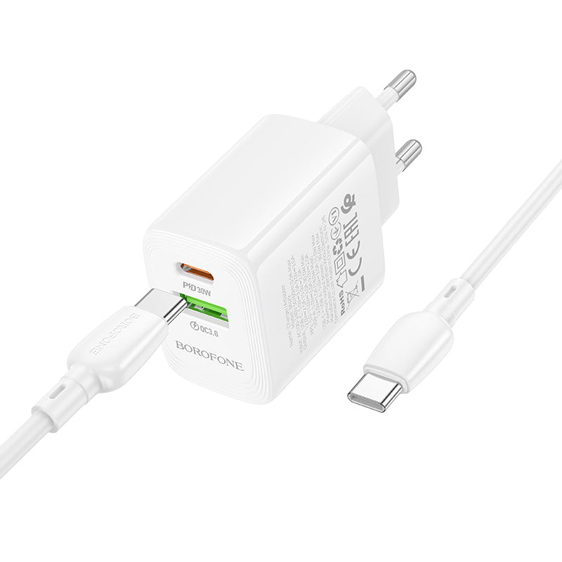Sieťová nabíjačka s káblom USB-C Borofone BN29 Fuente, 30W, 3A, 1 x USB-A - 1 x USB-C, Biela