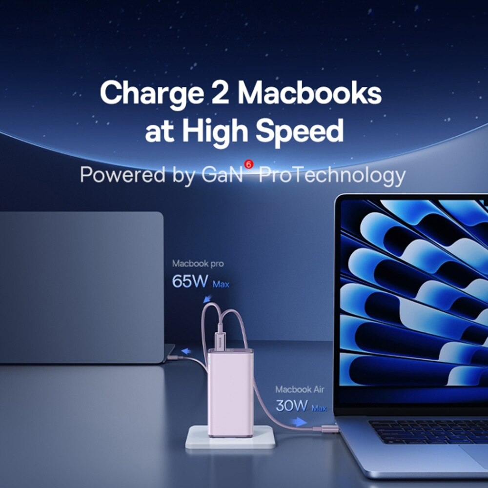 Sieťová nabíjačka s káblom USB-C Baseus GaN6 Pro, 100W, 3.25A, 2 x USB-A - 2 x USB-C, Fialová P10162705532-00