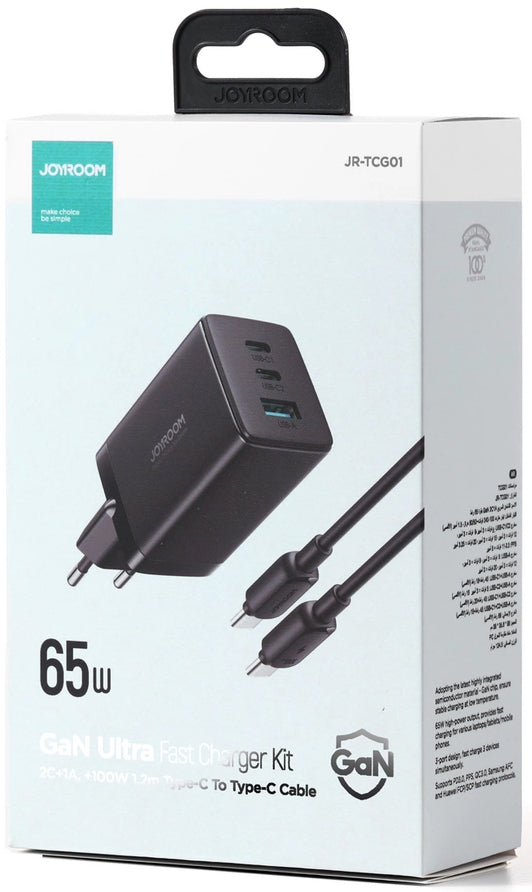 Sieťová nabíjačka s káblom USB-C Joyroom TCG01, 65W, 3.25A, 1 x USB-A - 2 x USB-C, Čierna