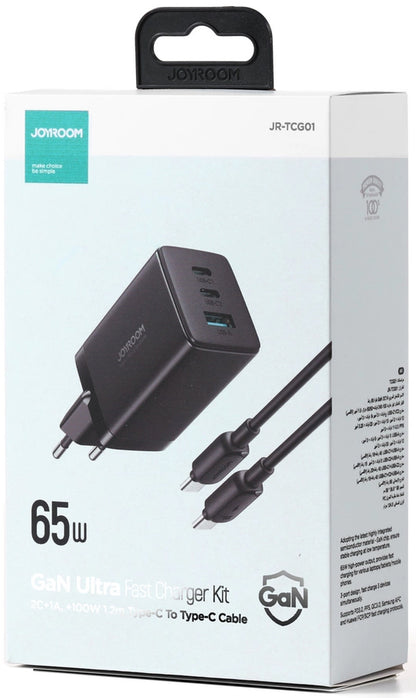 Sieťová nabíjačka s káblom USB-C Joyroom TCG01, 65W, 3.25A, 1 x USB-A - 2 x USB-C, Čierna