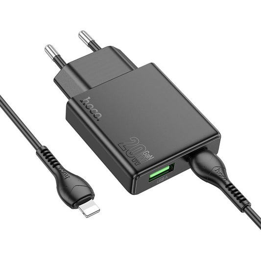 Sieťová nabíjačka s káblom Lightning HOCO N38, 20W, 3A, 1 x USB-A - 1 x USB-C, čierna