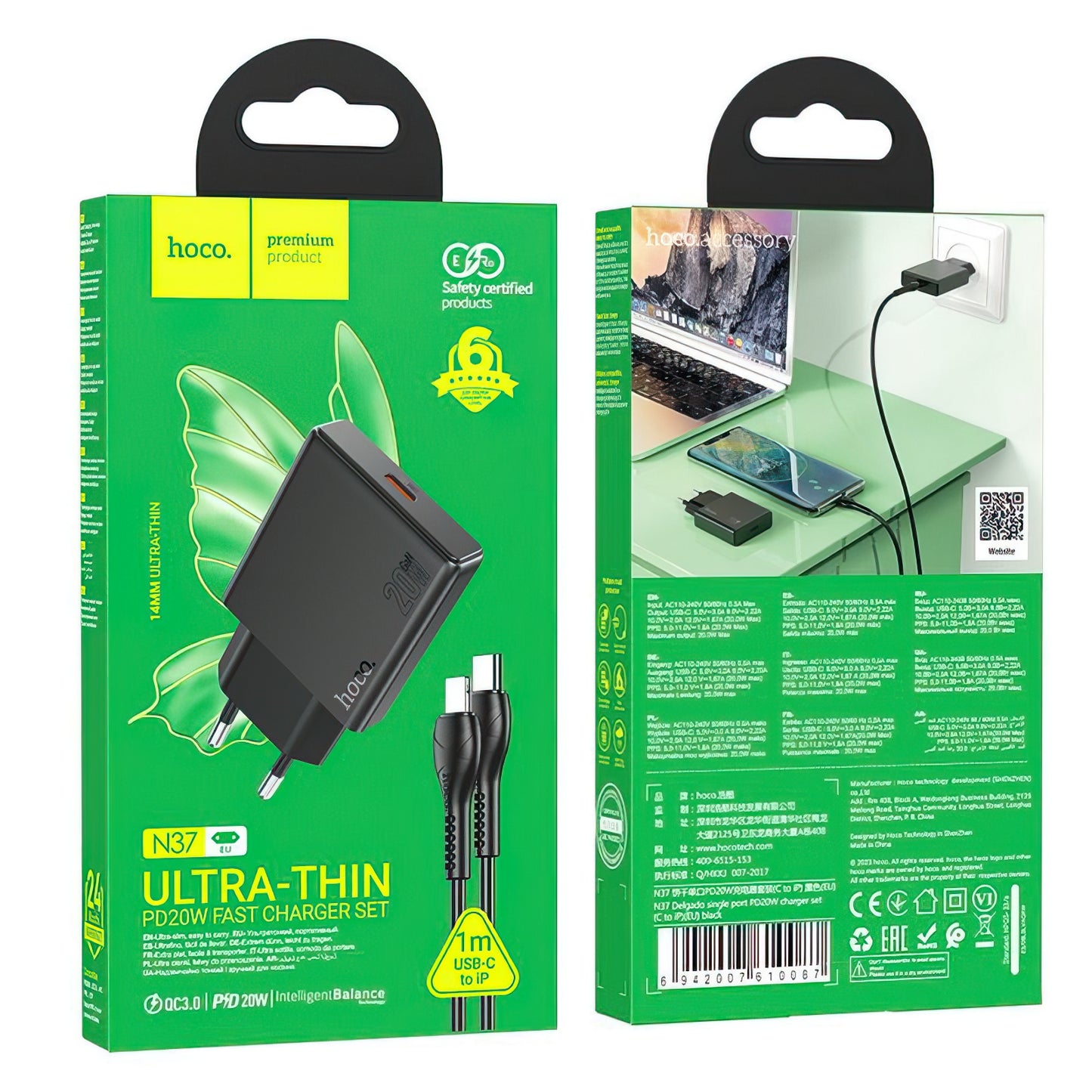 Sieťová nabíjačka s káblom Lightning HOCO N37, 30W, 3A, 1 x USB-C, Čierna