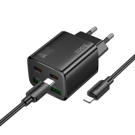 Sieťová nabíjačka s káblom Lightning HOCO N56, 30W, 3A, 2 x USB-A - 2 x USB-C, Čierna