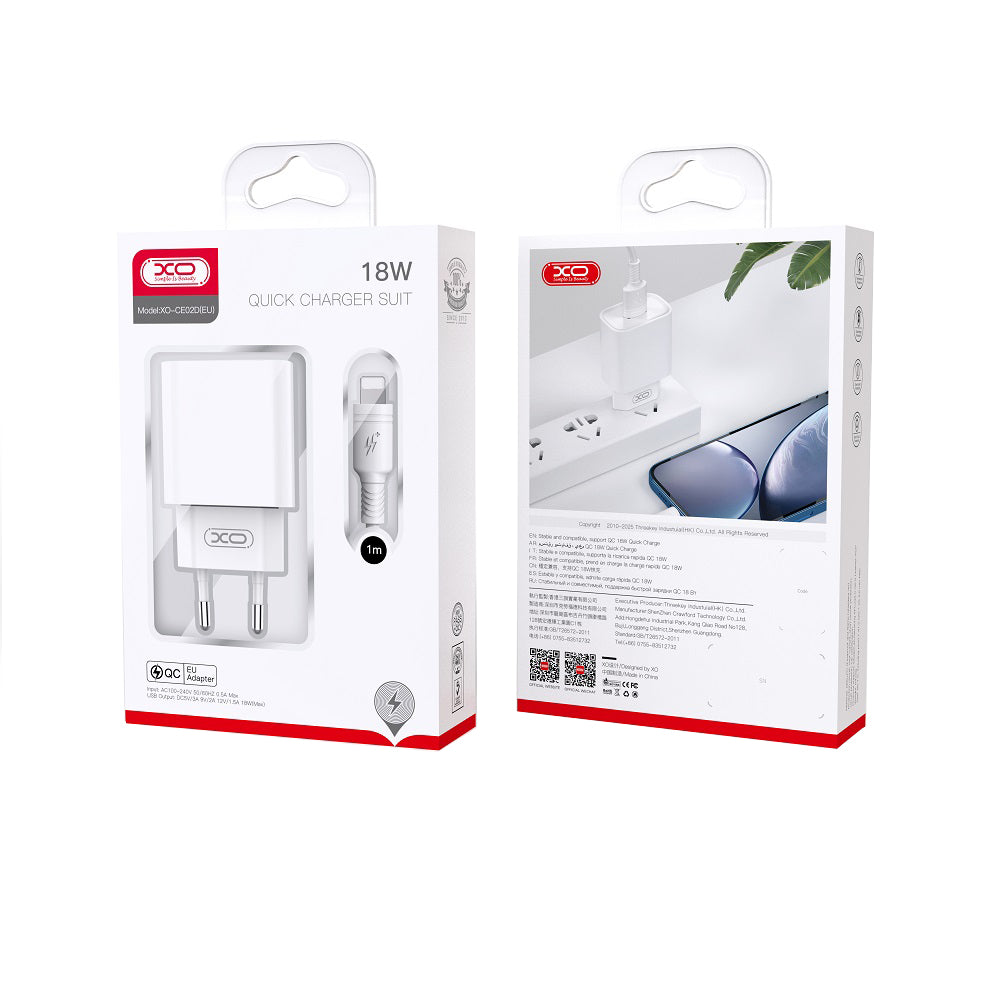 Sieťová nabíjačka s káblom Lightning XO Design CE02D, 18W, 3A, 1 x USB-A, Biela