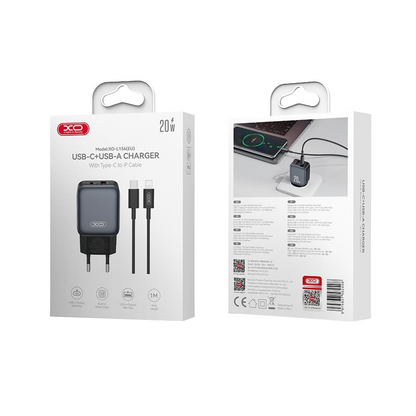 Sieťová nabíjačka s káblom Lightning XO Design L154, 20W, 3A, 1 x USB-A - 1 x USB-C, čierna