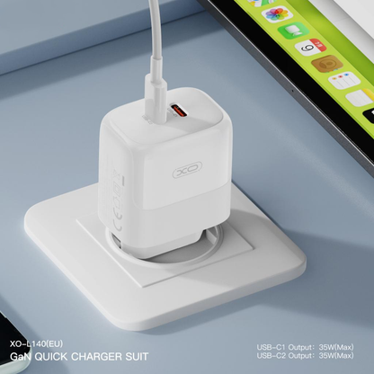Sieťová nabíjačka s káblom USB-C XO Design L140, 35W, 3A, 2 x USB-C, Biela