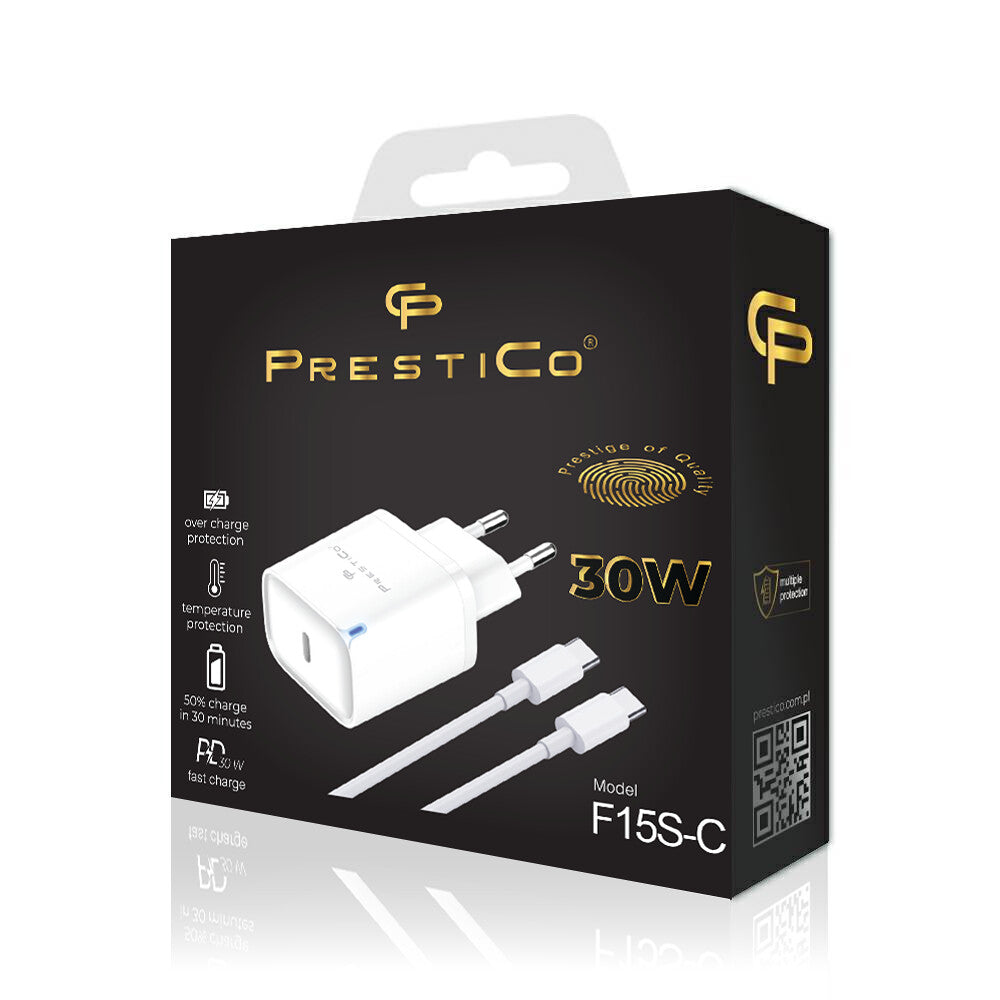 Sieťová nabíjačka s káblom USB-C Prestico F15S-C, 30W, 3A, 1 x USB-C, Biela