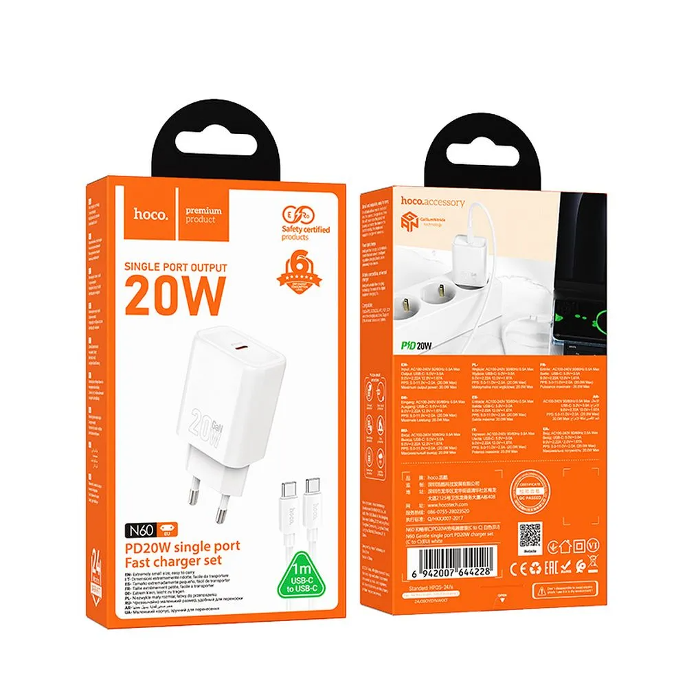 Sieťová nabíjačka s káblom Lightning HOCO N60, 20W, 3A, 1 x USB-C, Biela