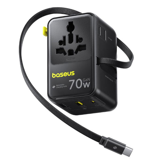Sieťová nabíjačka s USB-C káblom Baseus Travel EnerCore CG11, 70W, 2 x zásuvka - 1 x USB-C - 2 x USB-A, čierna E0307E00