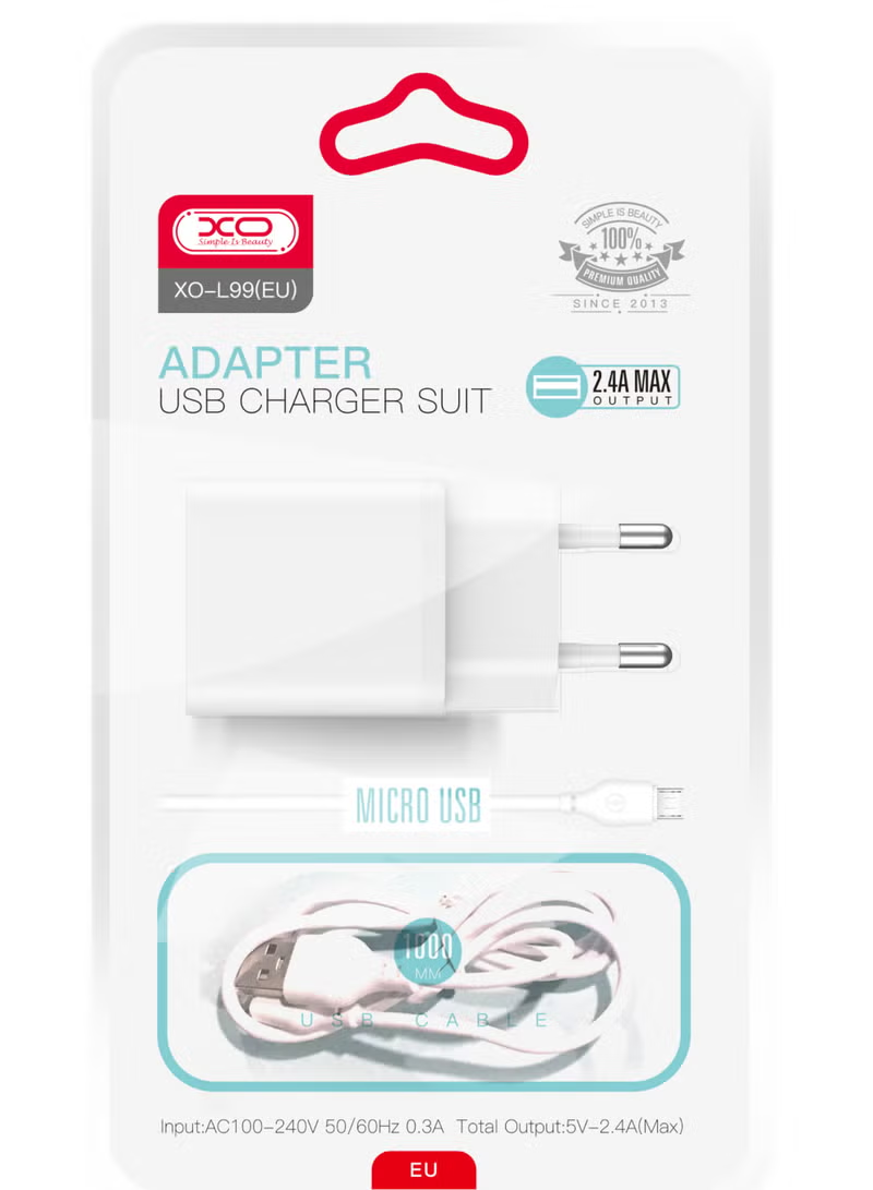 Sieťová nabíjačka s káblom microUSB XO Design L99, 12W, 2.4A, 1 x USB-A, Biela