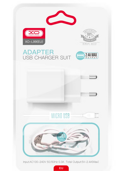 Sieťová nabíjačka s káblom microUSB XO Design L99, 12W, 2.4A, 1 x USB-A, Biela
