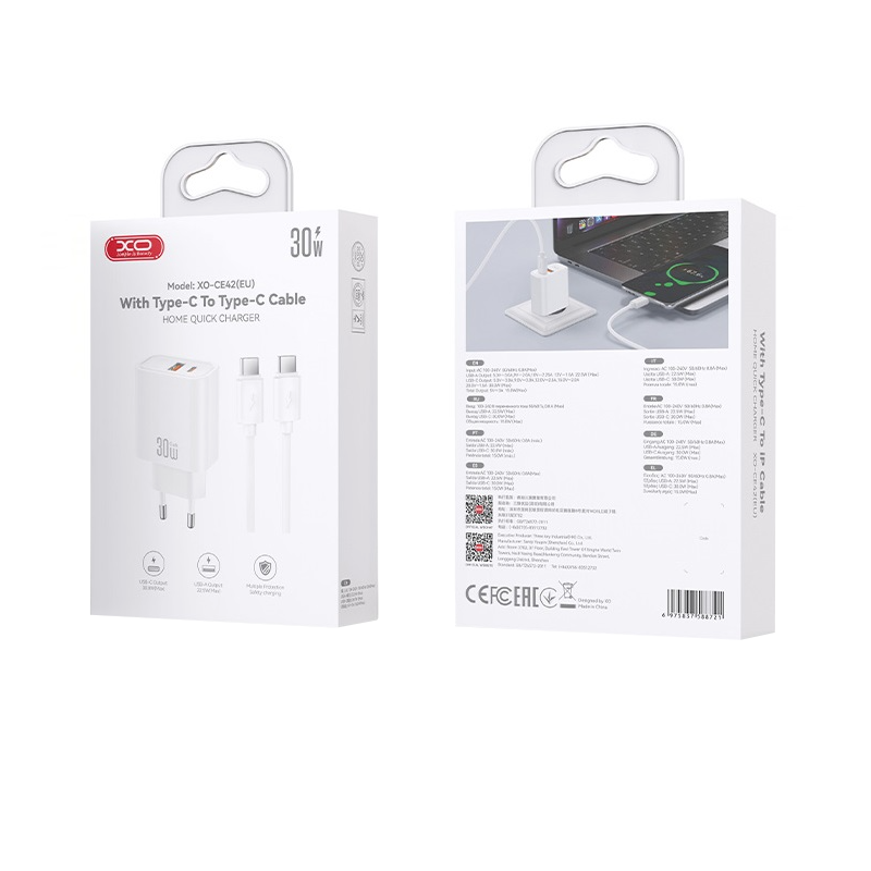 Sieťová nabíjačka s káblom USB-C XO Design CE42, 30W, 3A, 1 x USB-A - 1 x USB-C, biela