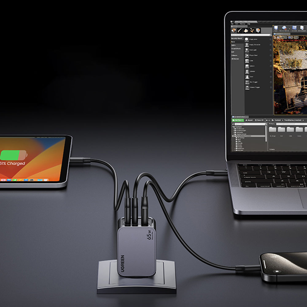 Sieťová nabíjačka s káblom USB-C UGREEN X755 Nexode Pro, 65W, 3A, 1 x USB-A - 2 x USB-C, Sivá