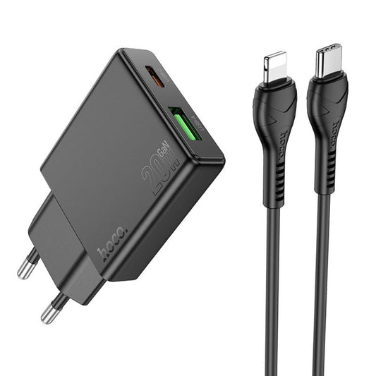 Sieťová nabíjačka s káblom Lightning HOCO N38, 20W, 3A, 1 x USB-A - 1 x USB-C, čierna