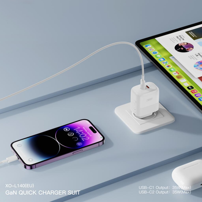 Sieťová nabíjačka s káblom USB-C XO Design L140, 35W, 3A, 2 x USB-C, Biela