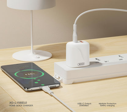 Sieťová nabíjačka s káblom USB-C XO Design L158, 20W, 3A, 1 x USB-A - 1 x USB-C, Biela
