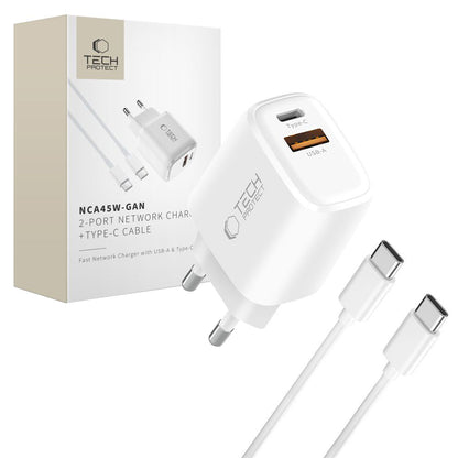Sieťová nabíjačka s káblom USB-C Tech-Protect NCA45W, 45W, 3A, 1 x USB-A - 1 x USB-C, Biela