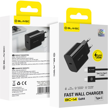 Sieťová nabíjačka s káblom USB-C Blavec BC-14, 30 W, 3 A, 1 × USB-C, čierna