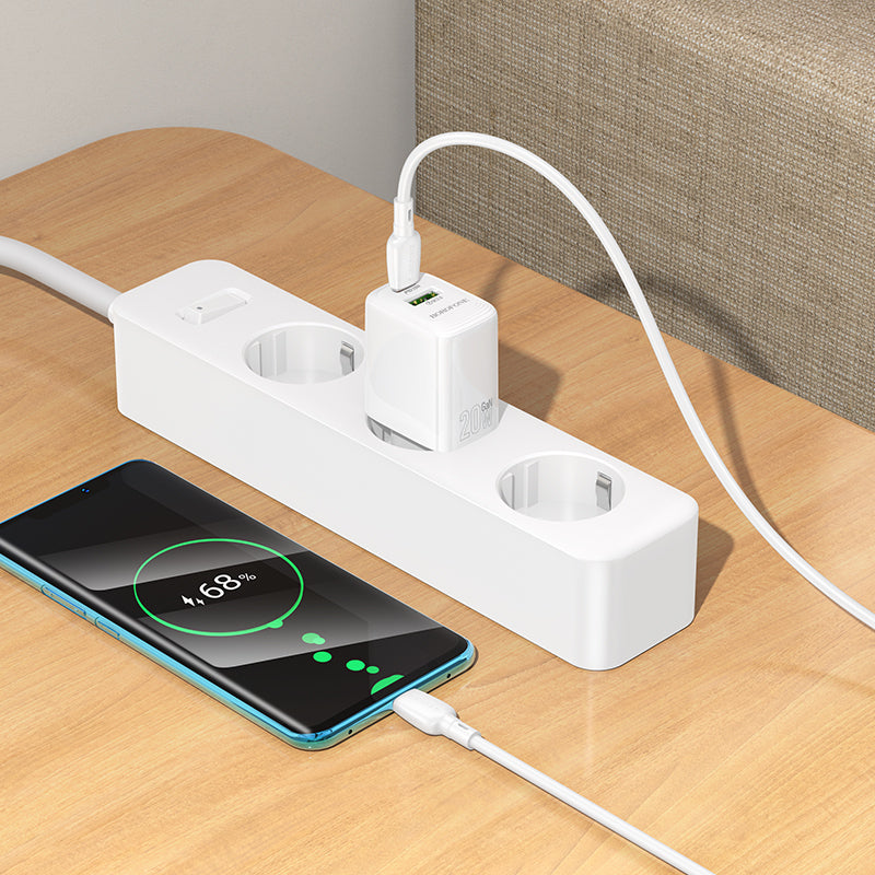 Network Charger with USB-C Cable Borofone BN27 Fuente, 20W, 3A, 1 x USB-A - 1 x USB-C, White