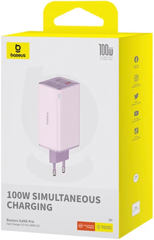 Sieťová nabíjačka s káblom USB-C Baseus GaN6 Pro, 100W, 3.25A, 2 x USB-A - 2 x USB-C, Fialová P10162705532-00