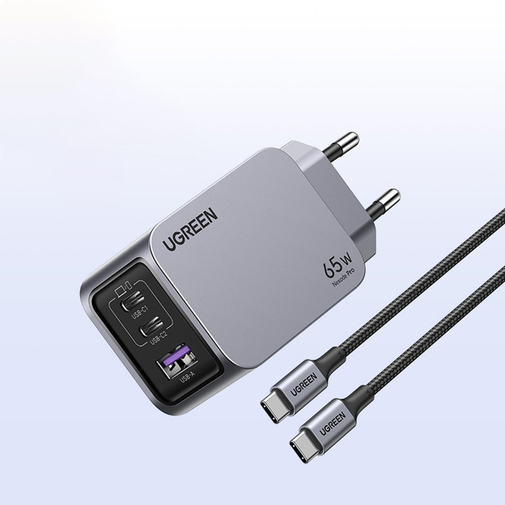 Sieťová nabíjačka s káblom USB-C UGREEN X755 Nexode Pro, 65W, 3A, 1 x USB-A - 2 x USB-C, Sivá