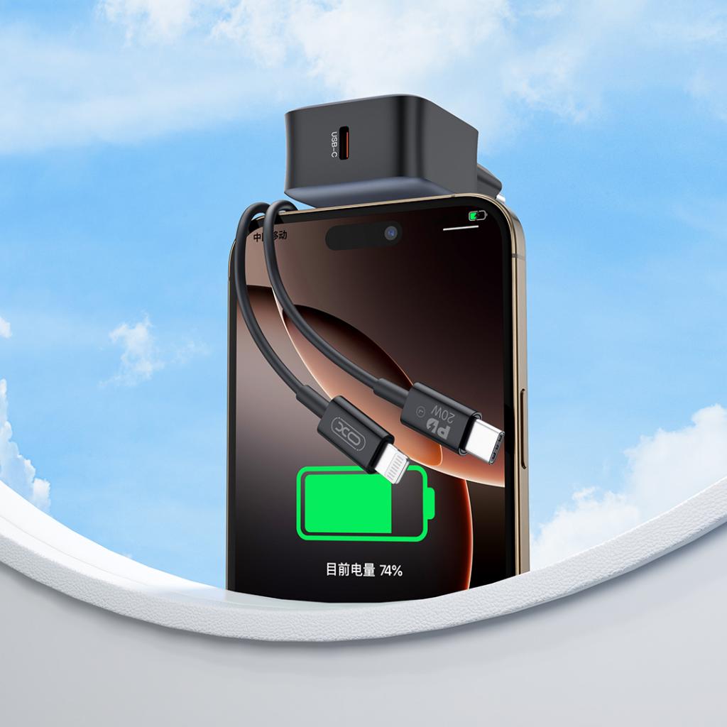 Sieťová nabíjačka s káblom Lightning XO Design L155, 30W, 3A, 1 x USB-C, čierna