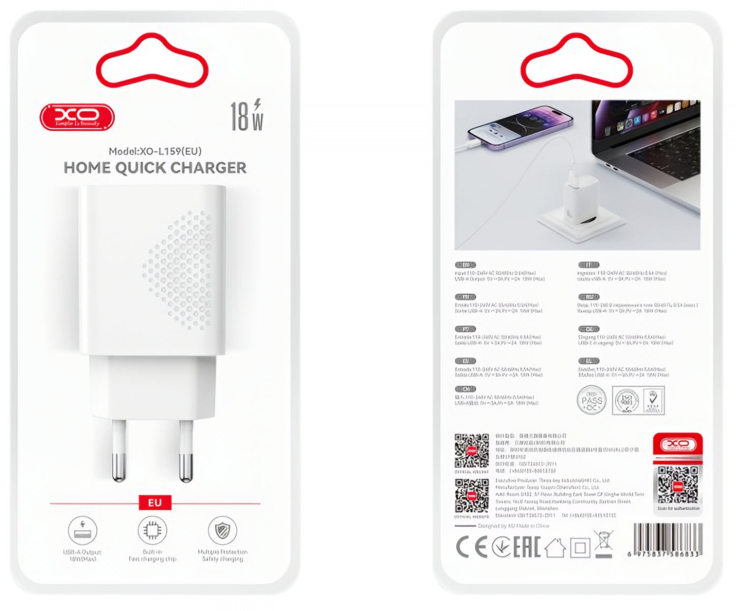 Sieťová nabíjačka s káblom microUSB XO Design L159, 18W, 3A, 1 x USB-A, Biela