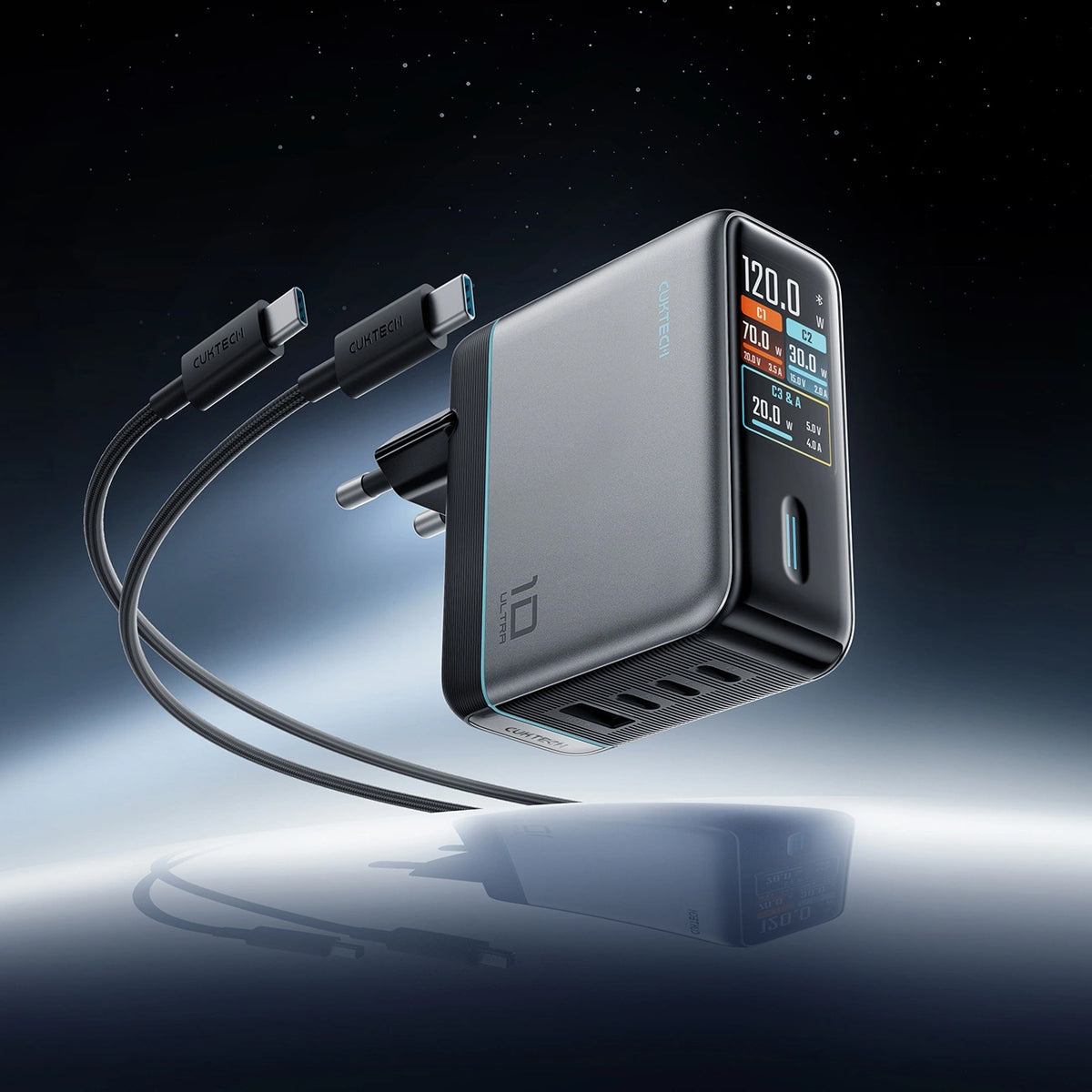 Sieťová nabíjačka s USB-C káblom Cuktech AD1204U Display, 120W, 6A, 1 x USB-A - 2 x USB-C, Strieborná