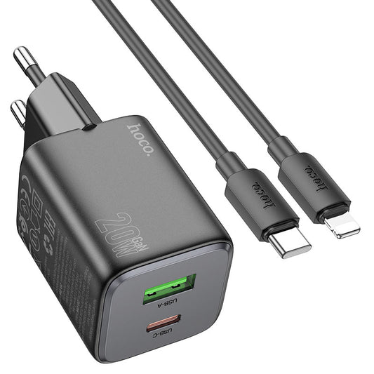 Sieťová nabíjačka s káblom Lightning HOCO N41, 20W, 3A, 1 x USB-A - 1 x USB-C, Čierna