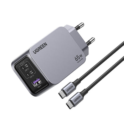 Sieťová nabíjačka s káblom USB-C UGREEN X755 Nexode Pro, 65W, 3A, 1 x USB-A - 2 x USB-C, Sivá